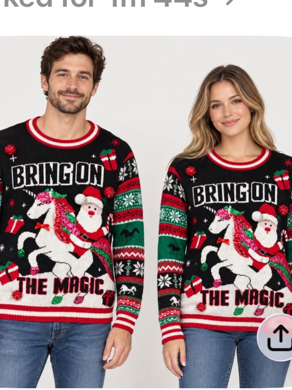 Fashion Nova Black Holiday Crewneck Sweater with Multicolor Unicorn & Santa